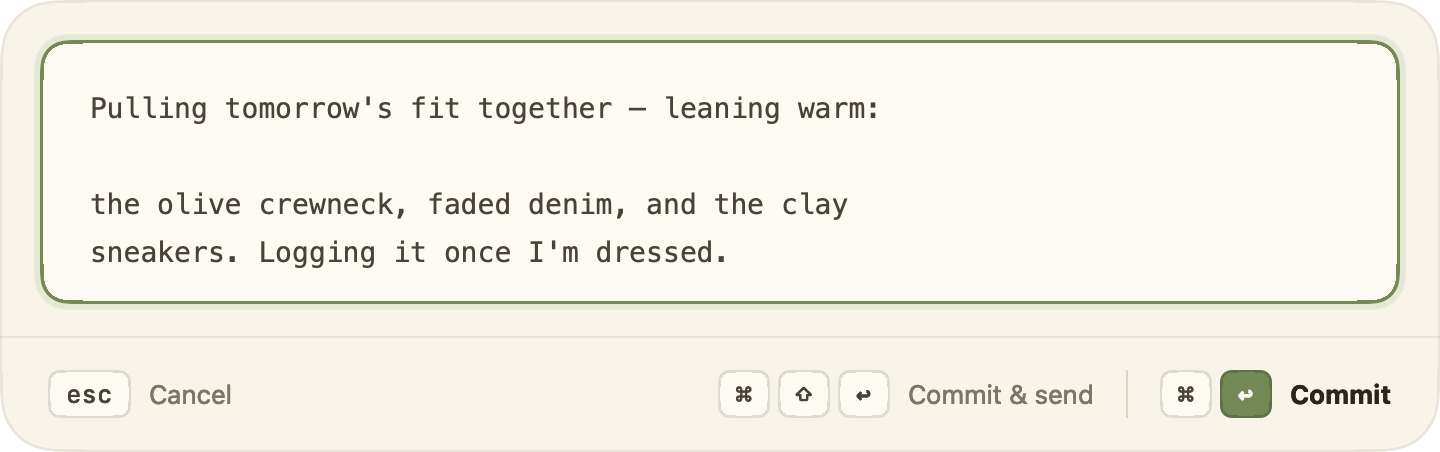 The textbox editor floating with a warm cream card, sage focus ring, and the keyboard hint rail.