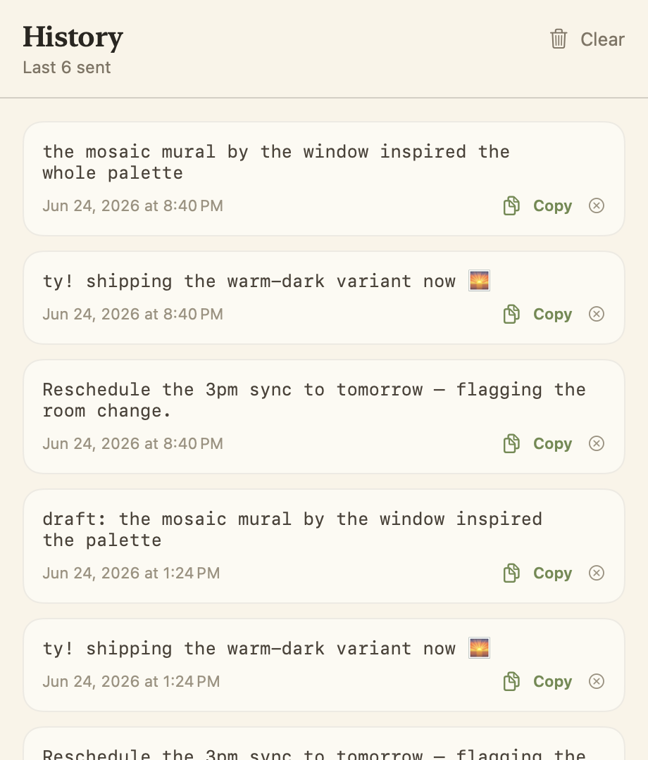 The History window listing recent sent items with copy buttons.
