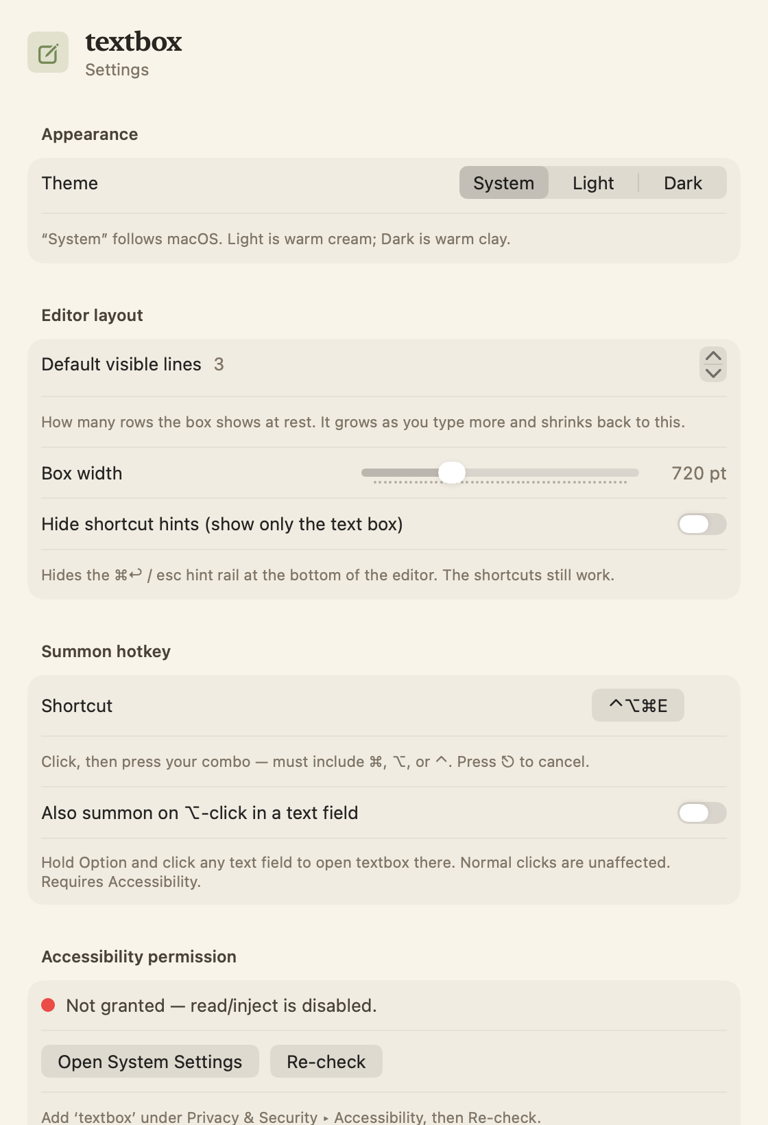 The textbox Settings window in the warm theme.